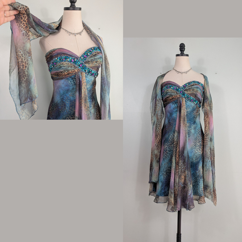 Y2K Sherri Hill Prom Dress Knee Gown 6 Purple Multi Leopard Hoco Fairy Babydoll - Picture 5 of 15